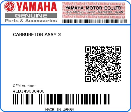 Product image: Yamaha - 4EB149030400 - CARBURETOR ASSY 3  0