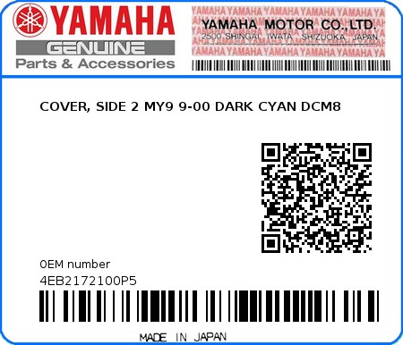 Product image: Yamaha - 4EB2172100P5 - COVER, SIDE 2 MY9 9-00 DARK CYAN DCM8   0