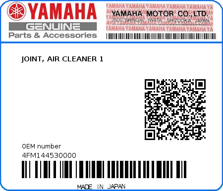 Product image: Yamaha - 4FM144530000 - JOINT, AIR CLEANER 1  0