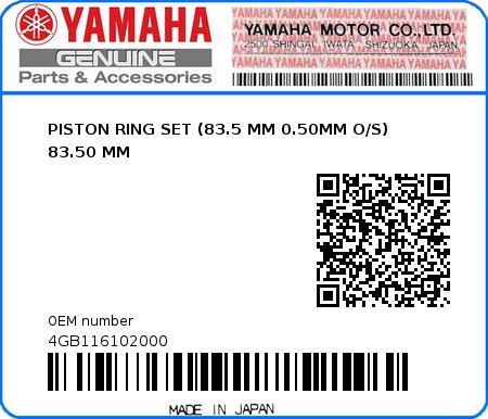 Product image: Yamaha - 4GB116102000 - PISTON RING SET (83.5 MM 0.50MM O/S) 83.50 MM  0