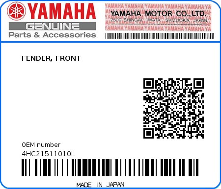 Product image: Yamaha - 4HC21511010L - FENDER, FRONT  0