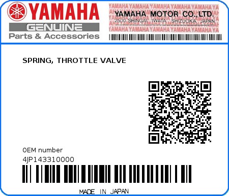Product image: Yamaha - 4JP143310000 - SPRING, THROTTLE VALVE  0