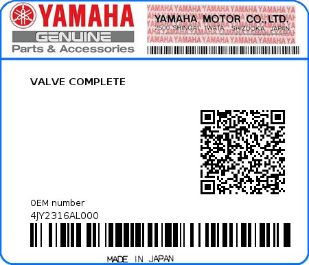 Product image: Yamaha - 4JY2316AL000 - VALVE COMPLETE  0