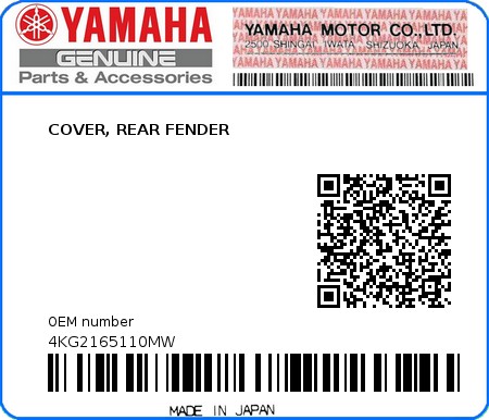 Product image: Yamaha - 4KG2165110MW - COVER, REAR FENDER  0