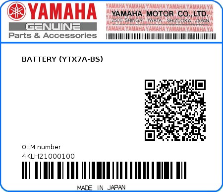 Product image: Yamaha - 4KLH21000100 - BATTERY (YTX7A-BS)  0