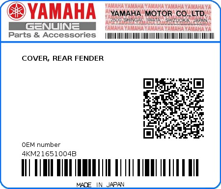 Product image: Yamaha - 4KM21651004B - COVER, REAR FENDER  0