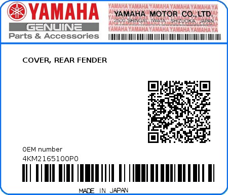 Product image: Yamaha - 4KM2165100P0 - COVER, REAR FENDER  0