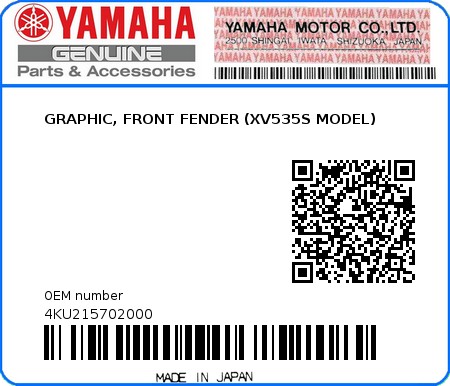 Product image: Yamaha - 4KU215702000 - GRAPHIC, FRONT FENDER (XV535S MODEL)  0