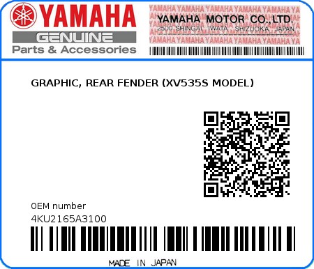 Product image: Yamaha - 4KU2165A3100 - GRAPHIC, REAR FENDER (XV535S MODEL)  0