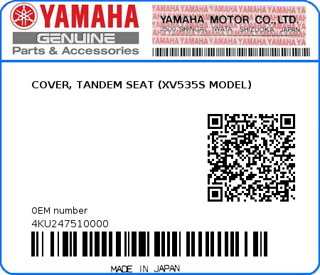 Product image: Yamaha - 4KU247510000 - COVER, TANDEM SEAT (XV535S MODEL)  0