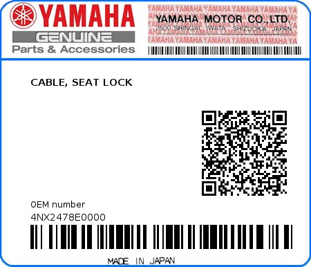 Product image: Yamaha - 4NX2478E0000 - CABLE, SEAT LOCK  0