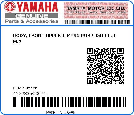 Product image: Yamaha - 4NX2835G00P1 - BODY, FRONT UPPER 1 MY96 PURPLISH BLUE M.7  0