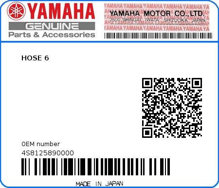 Product image: Yamaha - 4S8125890000 - HOSE 6  0