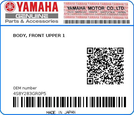Product image: Yamaha - 4S8Y283GR0P5 - BODY, FRONT UPPER 1  0
