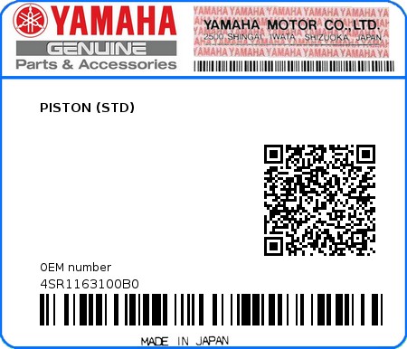 Product image: Yamaha - 4SR1163100B0 - PISTON (STD)  0