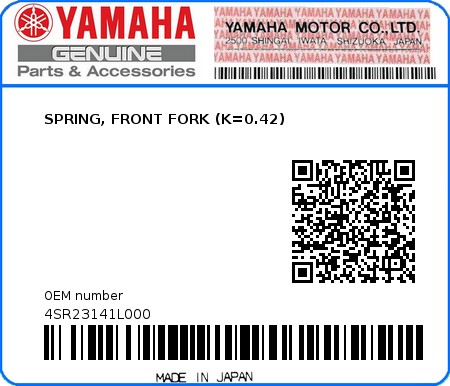 Product image: Yamaha - 4SR23141L000 - SPRING, FRONT FORK (K=0.42)  0