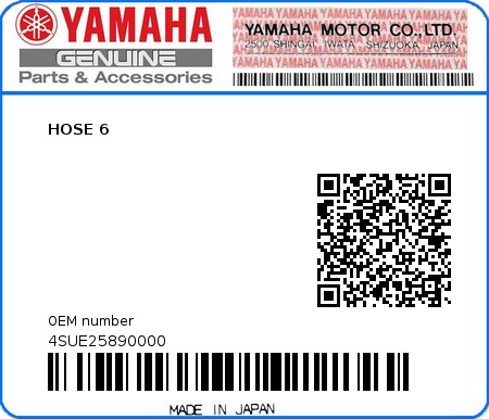 Product image: Yamaha - 4SUE25890000 - HOSE 6   0