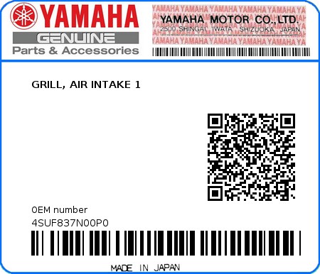 Product image: Yamaha - 4SUF837N00P0 - GRILL, AIR INTAKE 1  0