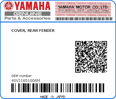 Product image: Yamaha - 4SV21651006M - COVER, REAR FENDER  0