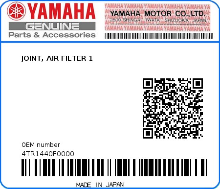 Product image: Yamaha - 4TR1440F0000 - JOINT, AIR FILTER 1  0