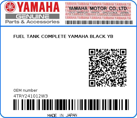 Product image: Yamaha - 4TRY241012W3 - FUEL TANK COMPLETE YAMAHA BLACK YB  0