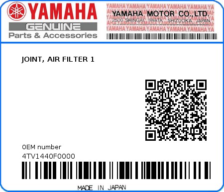 Product image: Yamaha - 4TV1440F0000 - JOINT, AIR FILTER 1  0