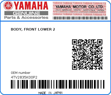 Product image: Yamaha - 4TV2835K00P2 - BODY, FRONT LOWER 2  0