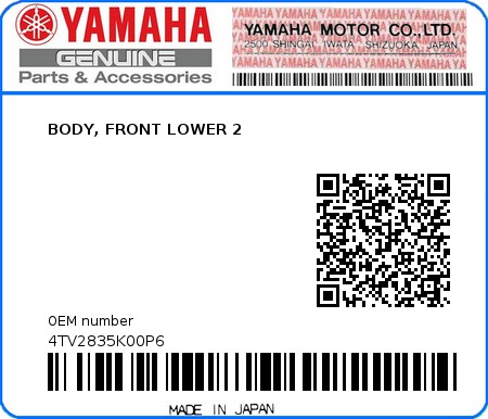 Product image: Yamaha - 4TV2835K00P6 - BODY, FRONT LOWER 2  0