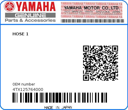Product image: Yamaha - 4TX125764000 - HOSE 1  0