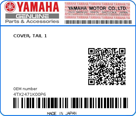 Product image: Yamaha - 4TX2471K00P6 - COVER, TAIL 1  0