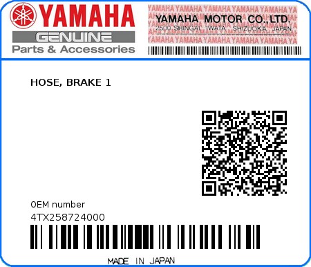 Product image: Yamaha - 4TX258724000 - HOSE, BRAKE 1  0