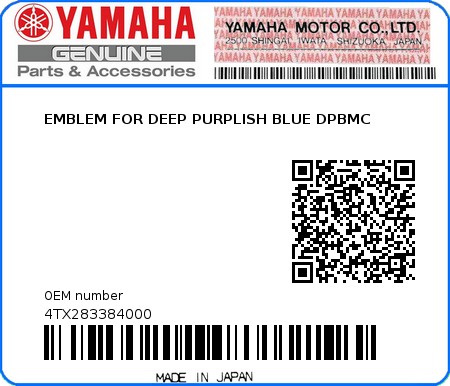 Product image: Yamaha - 4TX283384000 - EMBLEM FOR DEEP PURPLISH BLUE DPBMC  0