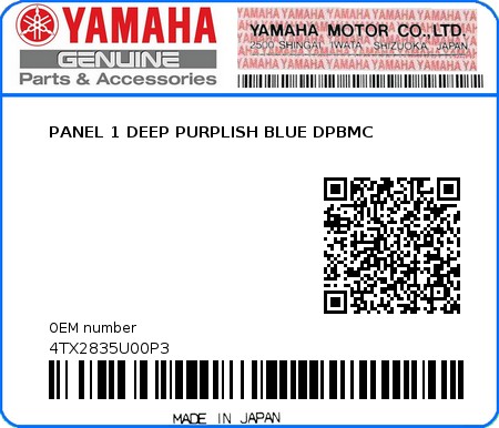 Product image: Yamaha - 4TX2835U00P3 - PANEL 1 DEEP PURPLISH BLUE DPBMC  0