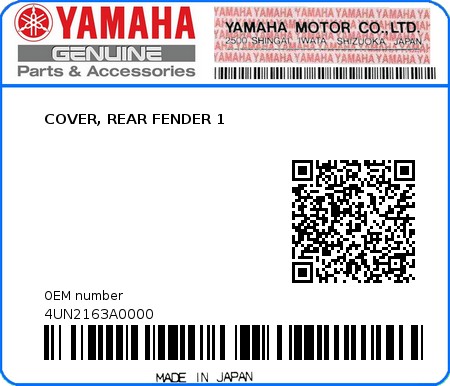Product image: Yamaha - 4UN2163A0000 - COVER, REAR FENDER 1  0