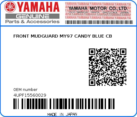 Product image: Yamaha - 4UPF15560029 - FRONT MUDGUARD MY97 CANDY BLUE CB  0