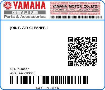 Product image: Yamaha - 4VAE44530000 - JOINT, AIR CLEANER 1  0
