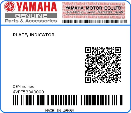 Product image: Yamaha - 4VPF533A0000 - PLATE, INDICATOR  0