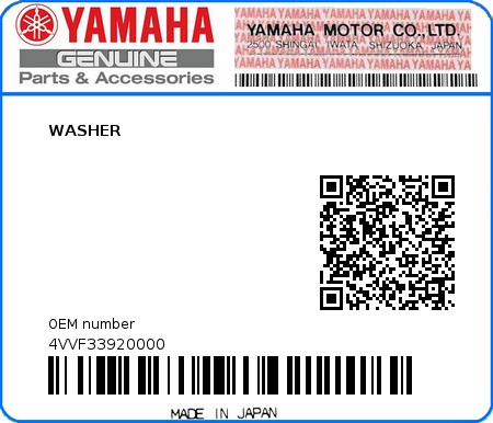 Product image: Yamaha - 4VVF33920000 - WASHER   0