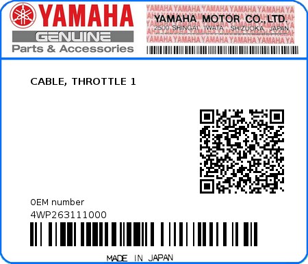 Product image: Yamaha - 4WP263111000 - CABLE, THROTTLE 1  0