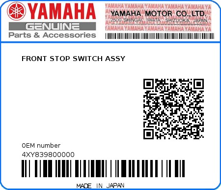 Product image: Yamaha - 4XY839800000 - FRONT STOP SWITCH ASSY  0