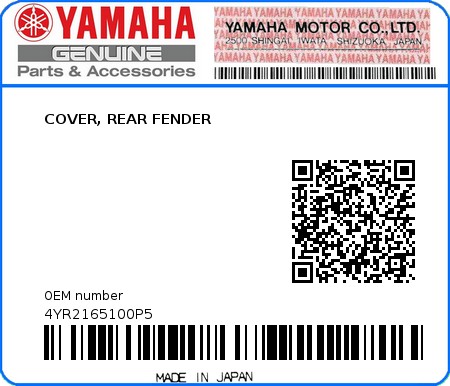 Product image: Yamaha - 4YR2165100P5 - COVER, REAR FENDER  0