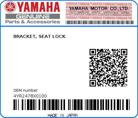 Product image: Yamaha - 4YR2478X0100 - BRACKET, SEAT LOCK  0