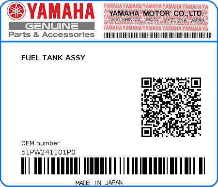 Product image: Yamaha - 51PW241101P0 - FUEL TANK ASSY  0