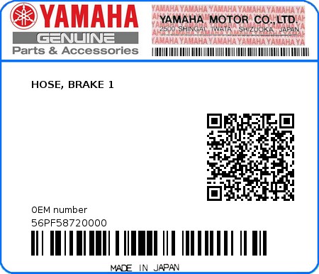 Product image: Yamaha - 56PF58720000 - HOSE, BRAKE 1  0