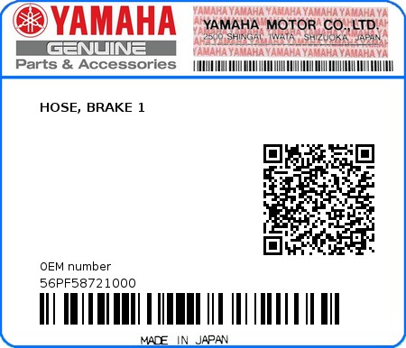 Product image: Yamaha - 56PF58721000 - HOSE, BRAKE 1  0