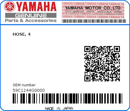 Product image: Yamaha - 59C1244G0000 - HOSE, 4  0