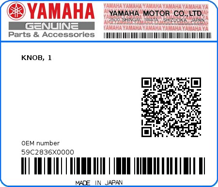 Product image: Yamaha - 59C2836X0000 - KNOB, 1  0