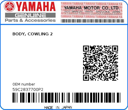 Product image: Yamaha - 59C2837700P2 - BODY, COWLING 2  0