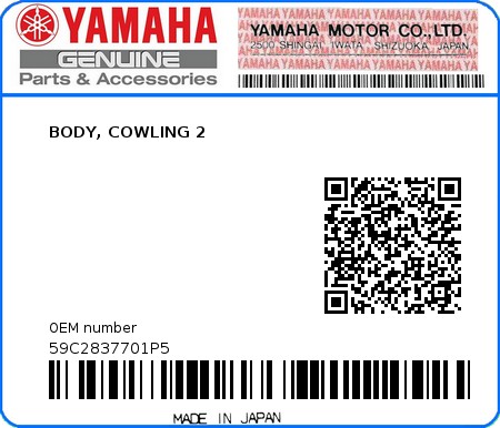 Product image: Yamaha - 59C2837701P5 - BODY, COWLING 2  0