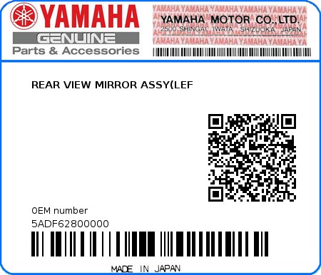 Product image: Yamaha - 5ADF62800000 - REAR VIEW MIRROR ASSY(LEF  0